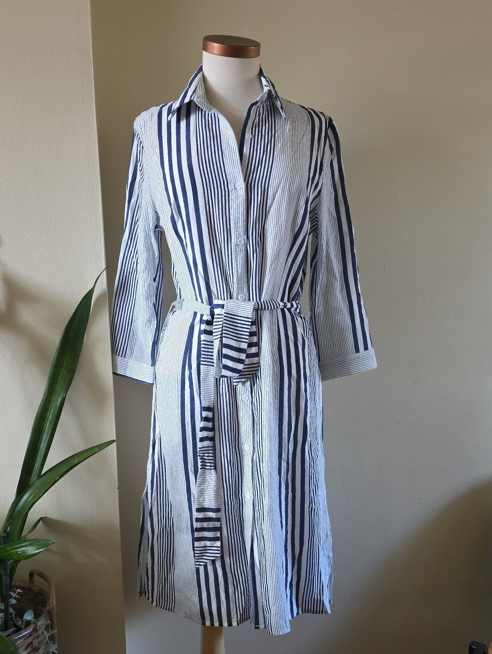 Elena Wang Striped Midi Belted Dress - Rayon Blend - Navy/White - M
